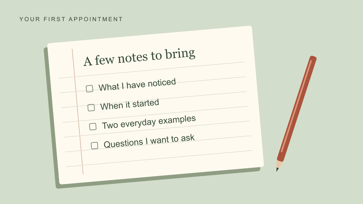 Illustrated notebook with appointment prompts: what I have noticed, when it started, everyday examples and questions.