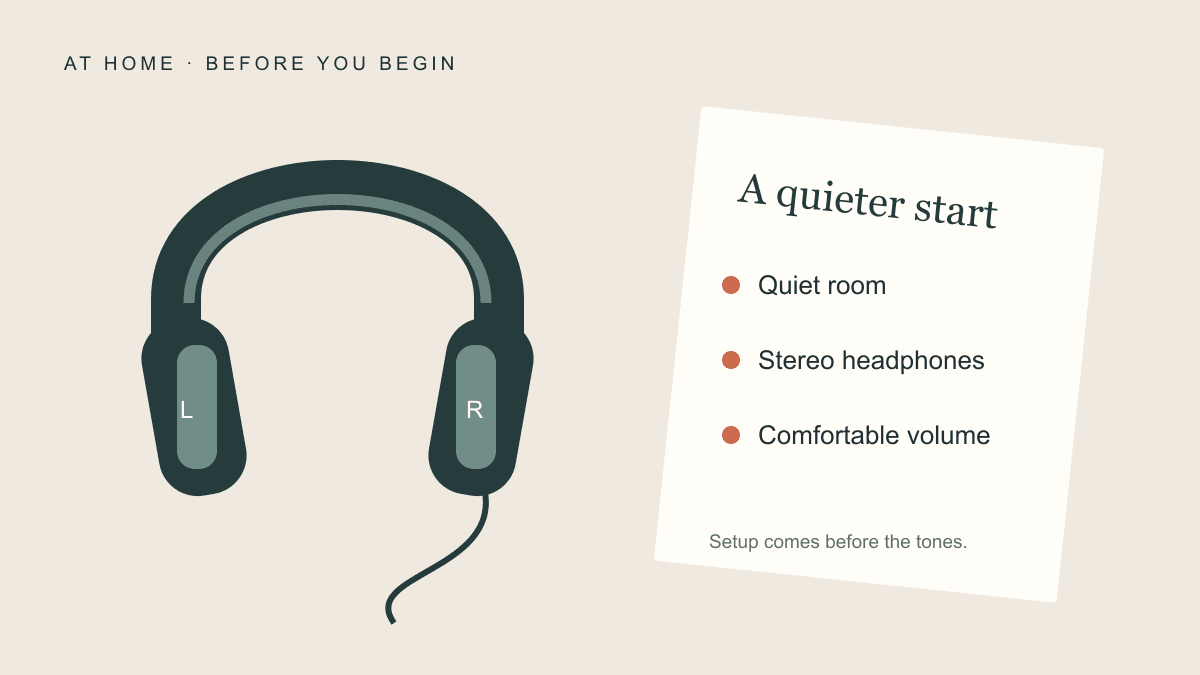 Illustrated stereo headphones beside a setup checklist: quiet room, stereo headphones and comfortable volume.